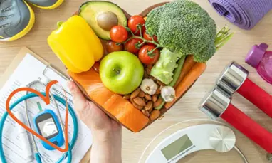 overhead image of healthy food and exercise tools