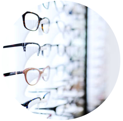 Eye glasses frames on shelf in optometrist clinic
