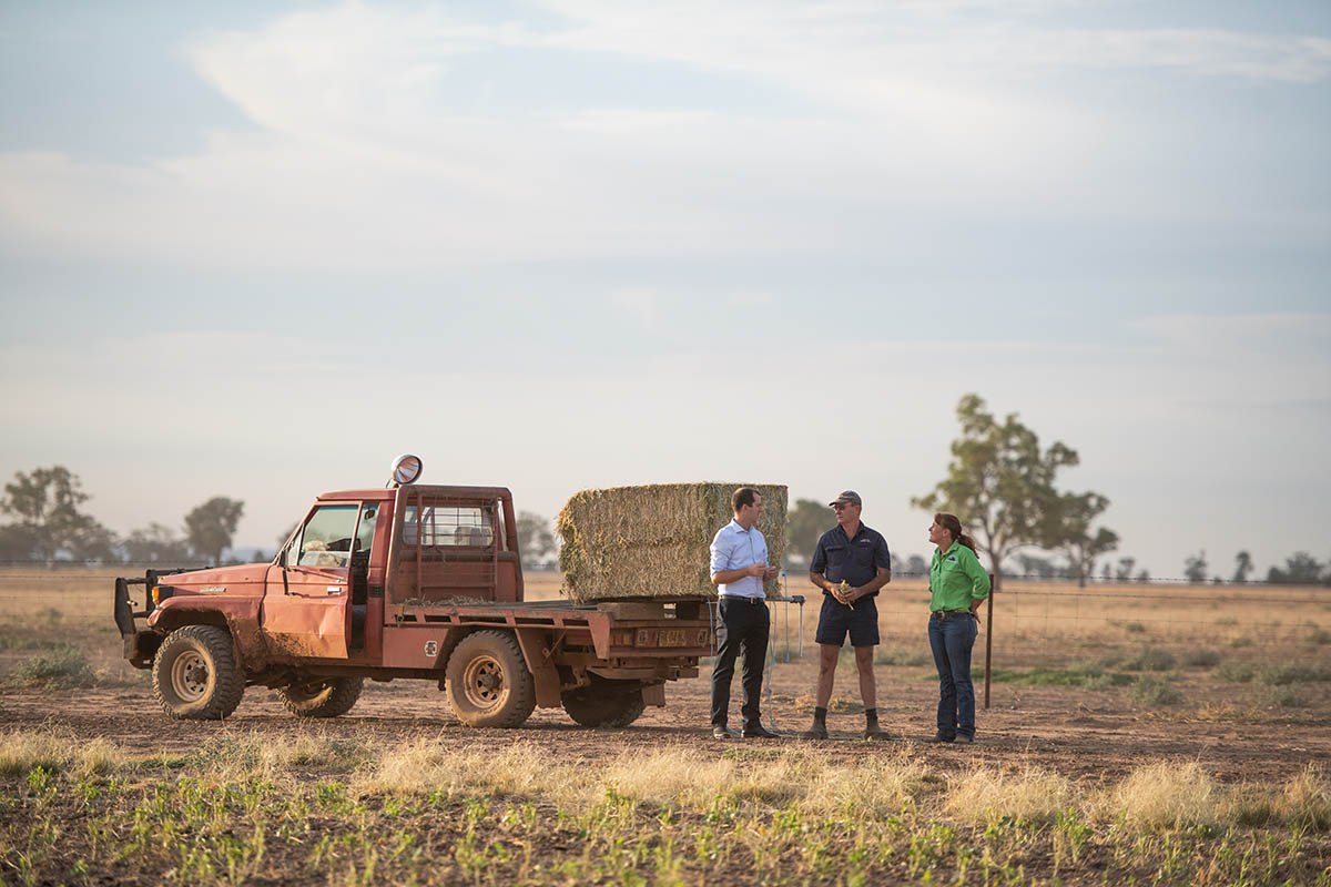 people chatting in front of hay truck